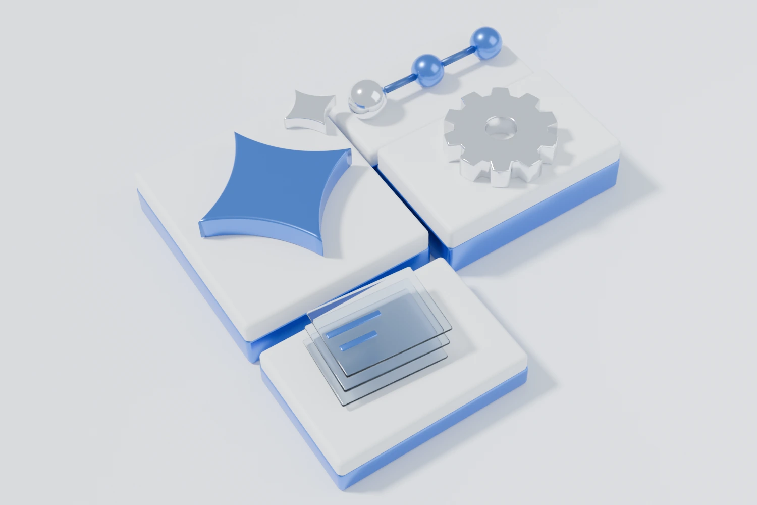 Generative agentic AI tools: a sparkle, an agent step chain, a tool gear and layered documents on white tiles