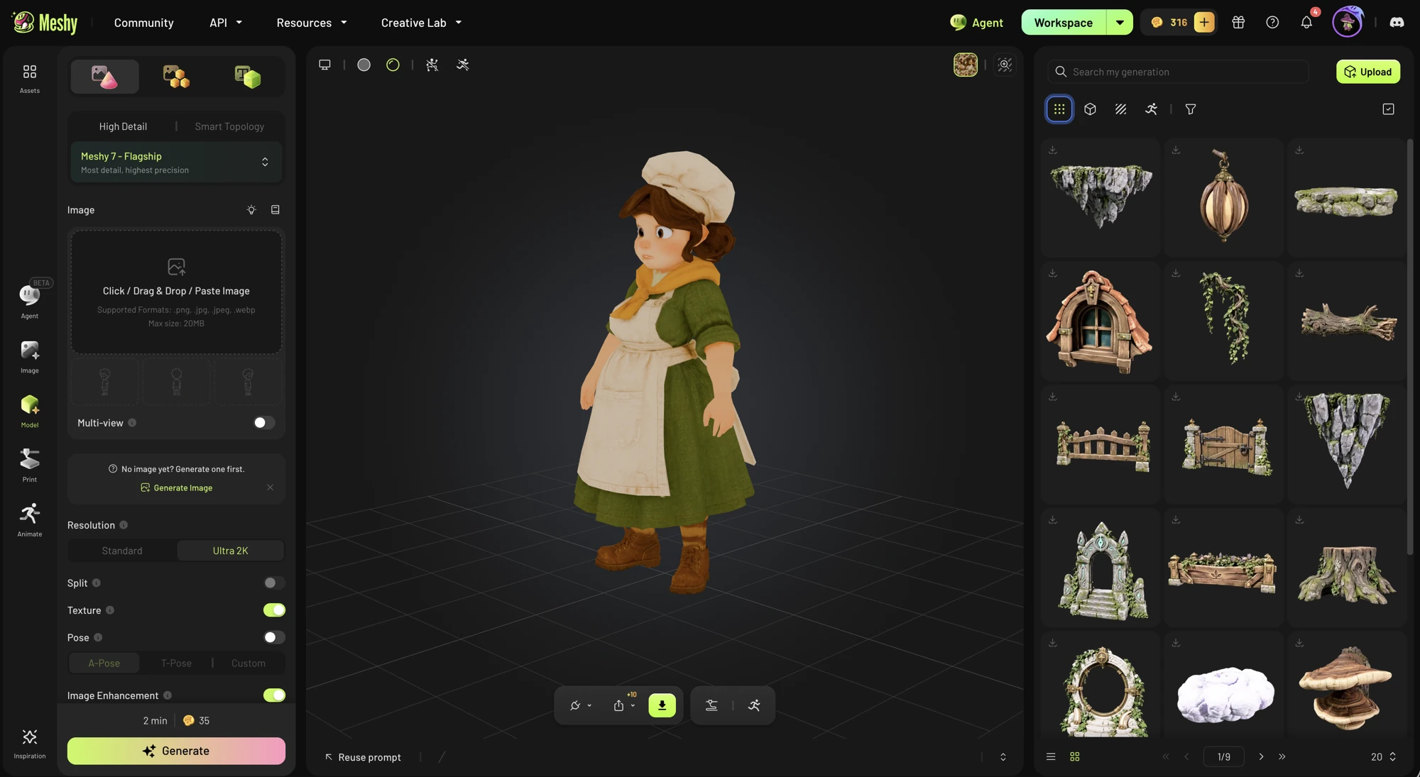 Meshy AI workspace with a generated character and the asset library