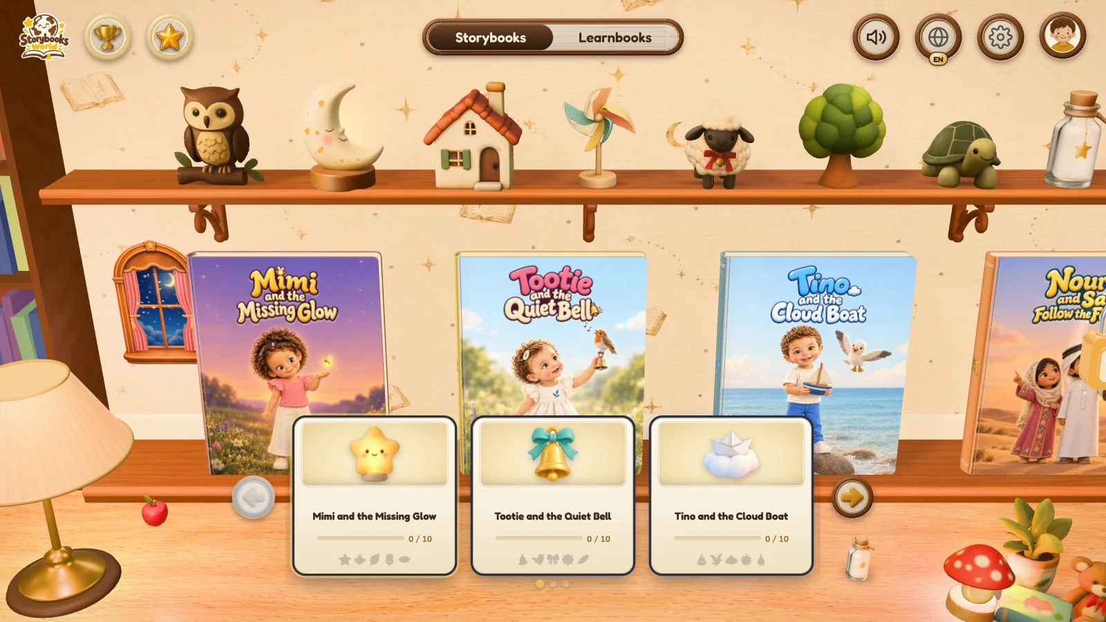 The Storybooks World shelf with picture books, crafted toys and the reading table below